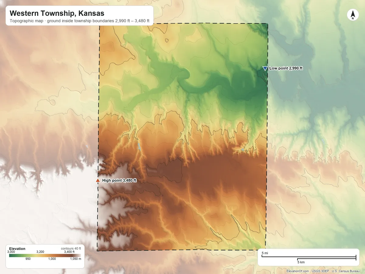 Topographic elevation map of Western Township, Kansas, shaded from 2,990 ft on the east side to 3,480 ft on the southwest side