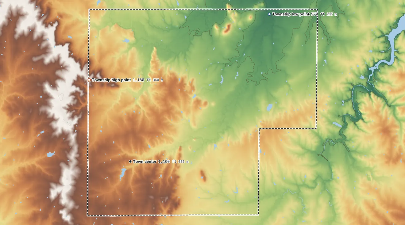 Topographic elevation map of Westphalia Township, Kansas, shaded from 970 ft on the northeast side to 1,180 ft on the northwest side