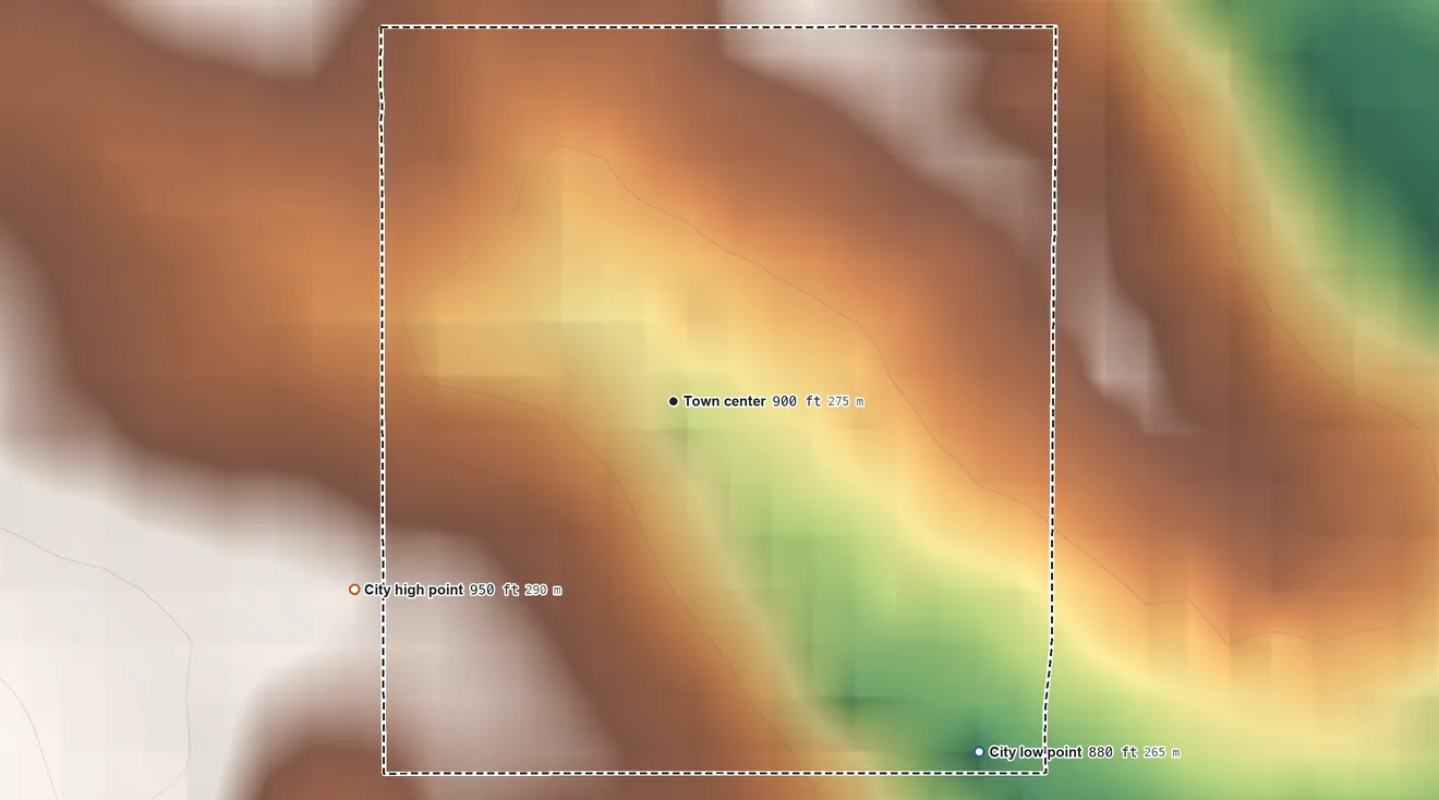 Topographic elevation map of Westwood Hills, Kansas, shaded from 880 ft on the southeast side to 950 ft on the southwest side