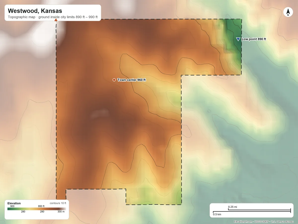 Topographic elevation map of Westwood, Kansas, shaded from 890 ft on the east side to 990 ft on the northwest side