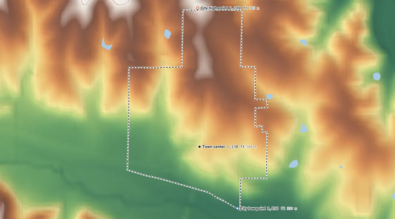 Topographic elevation map of Wetmore, Kansas, shaded from 1,090 ft on the southeast side to 1,200 ft on the north side