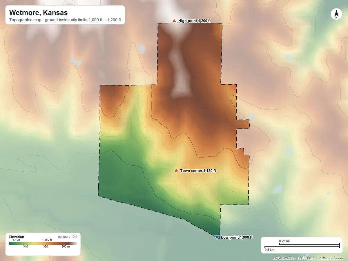 Topographic elevation map of Wetmore, Kansas, shaded from 1,090 ft on the southeast side to 1,200 ft on the north side