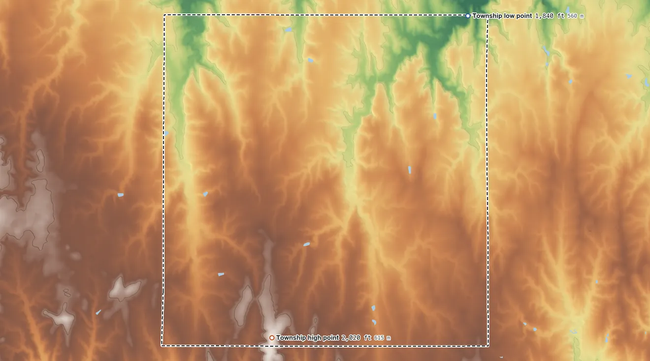 Topographic elevation map of Wheatland Township, Barton County, Kansas, shaded from 1,840 ft on the northeast side to 2,020 ft on the south side