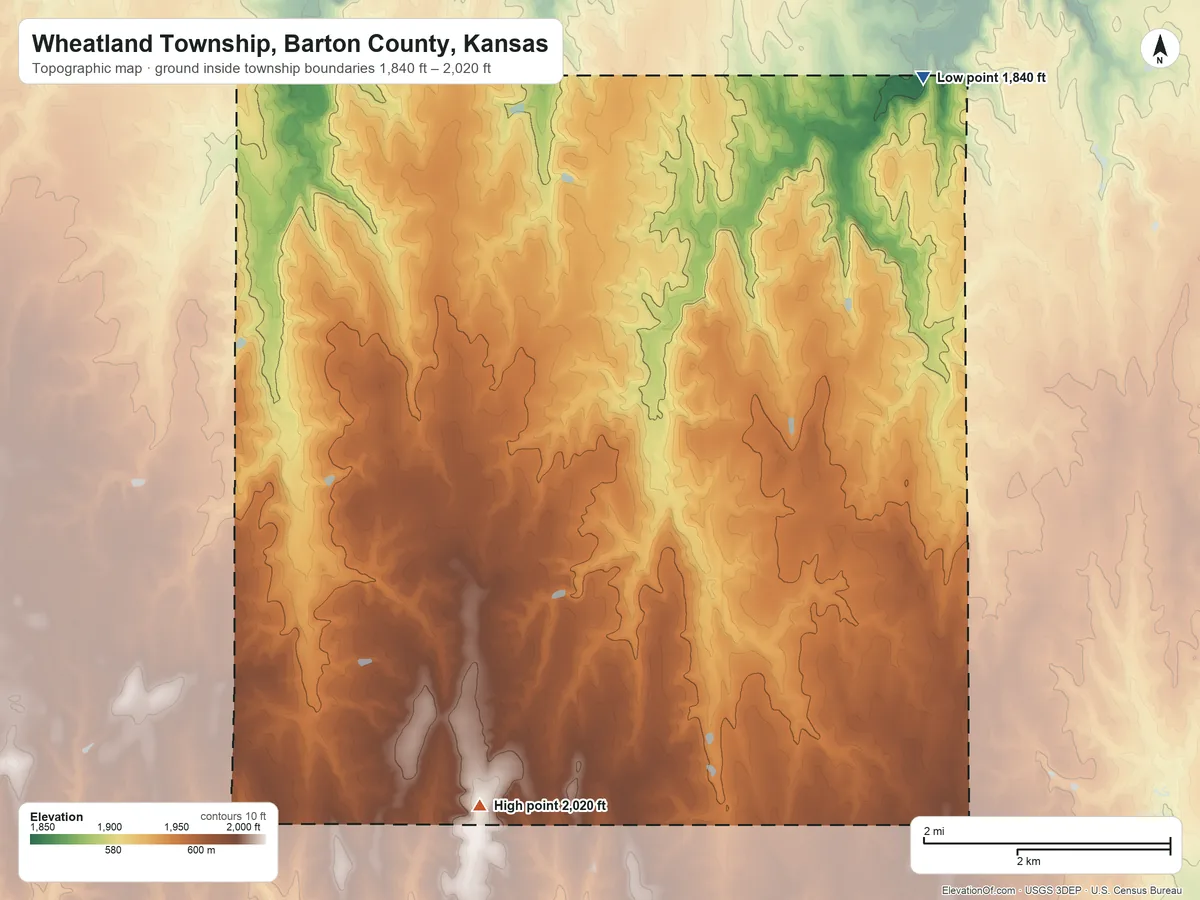 Topographic elevation map of Wheatland Township, Barton County, Kansas, shaded from 1,840 ft on the northeast side to 2,020 ft on the south side