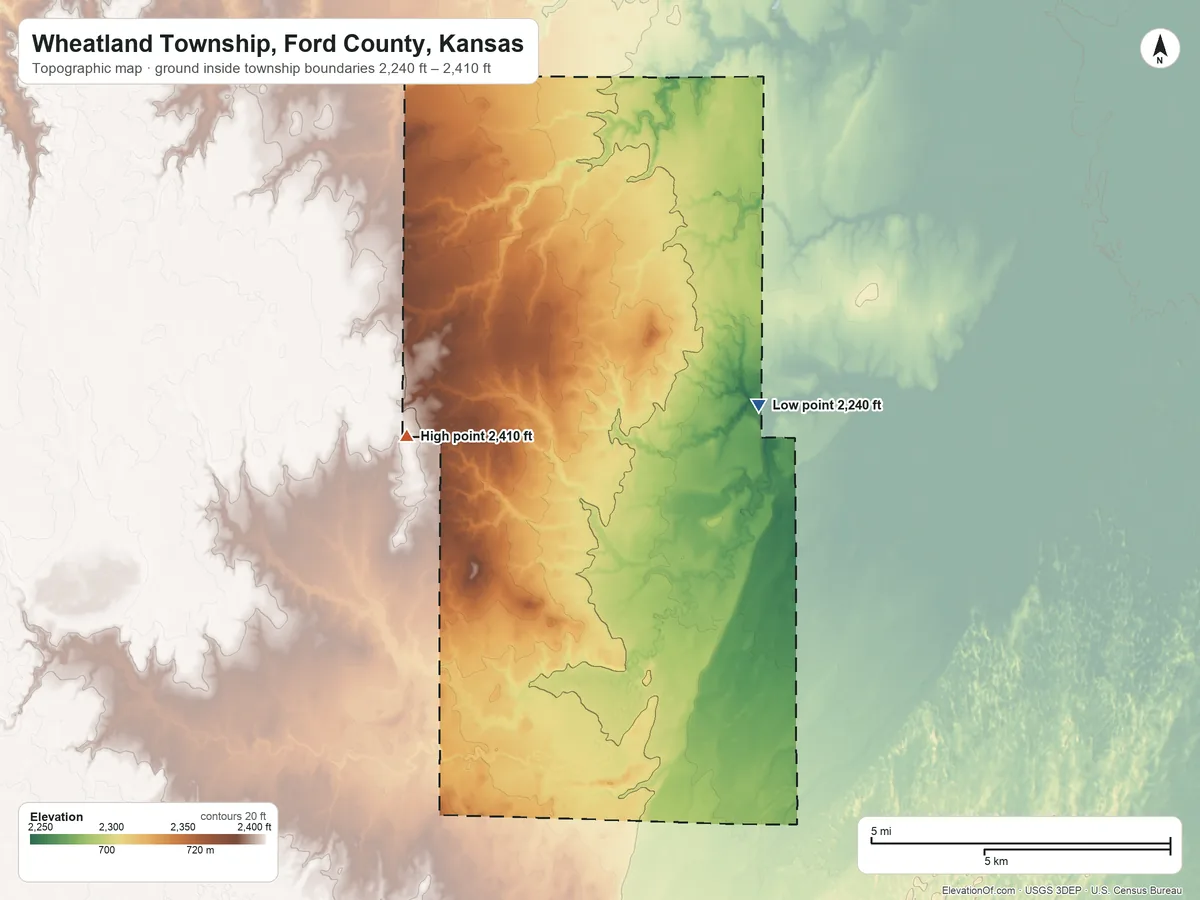 Topographic elevation map of Wheatland Township, Ford County, Kansas, shaded from 2,240 ft on the northeast side to 2,410 ft on the west side