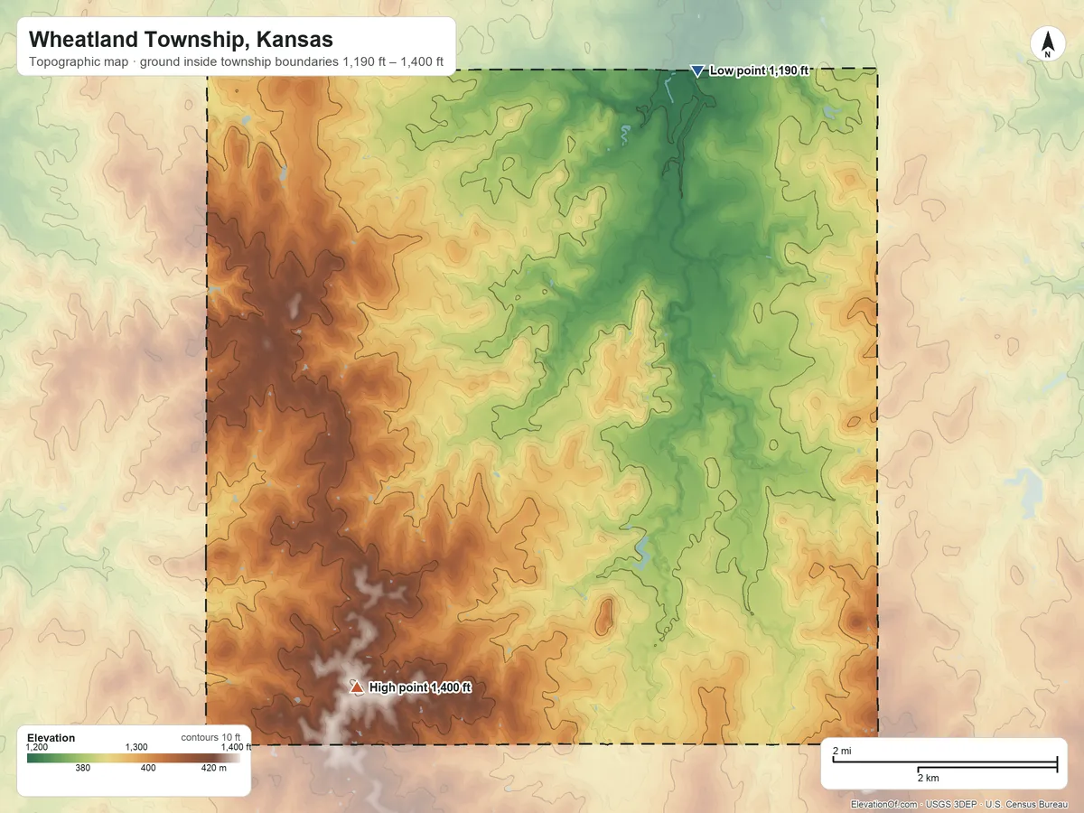 Topographic elevation map of Wheatland Township, Kansas, shaded from 1,190 ft on the north side to 1,400 ft on the southwest side