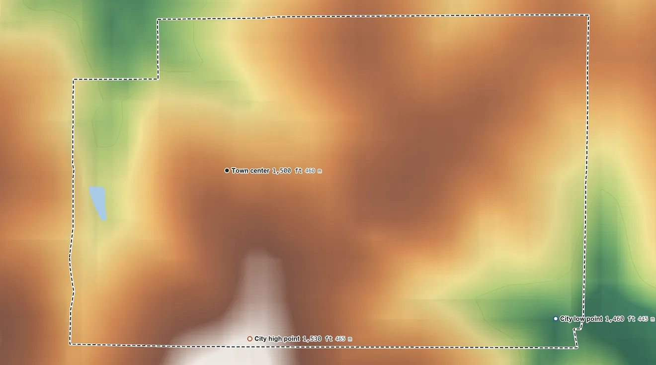 Topographic elevation map of Wheaton, Kansas, shaded from 1,460 ft on the southeast side to 1,530 ft on the south side