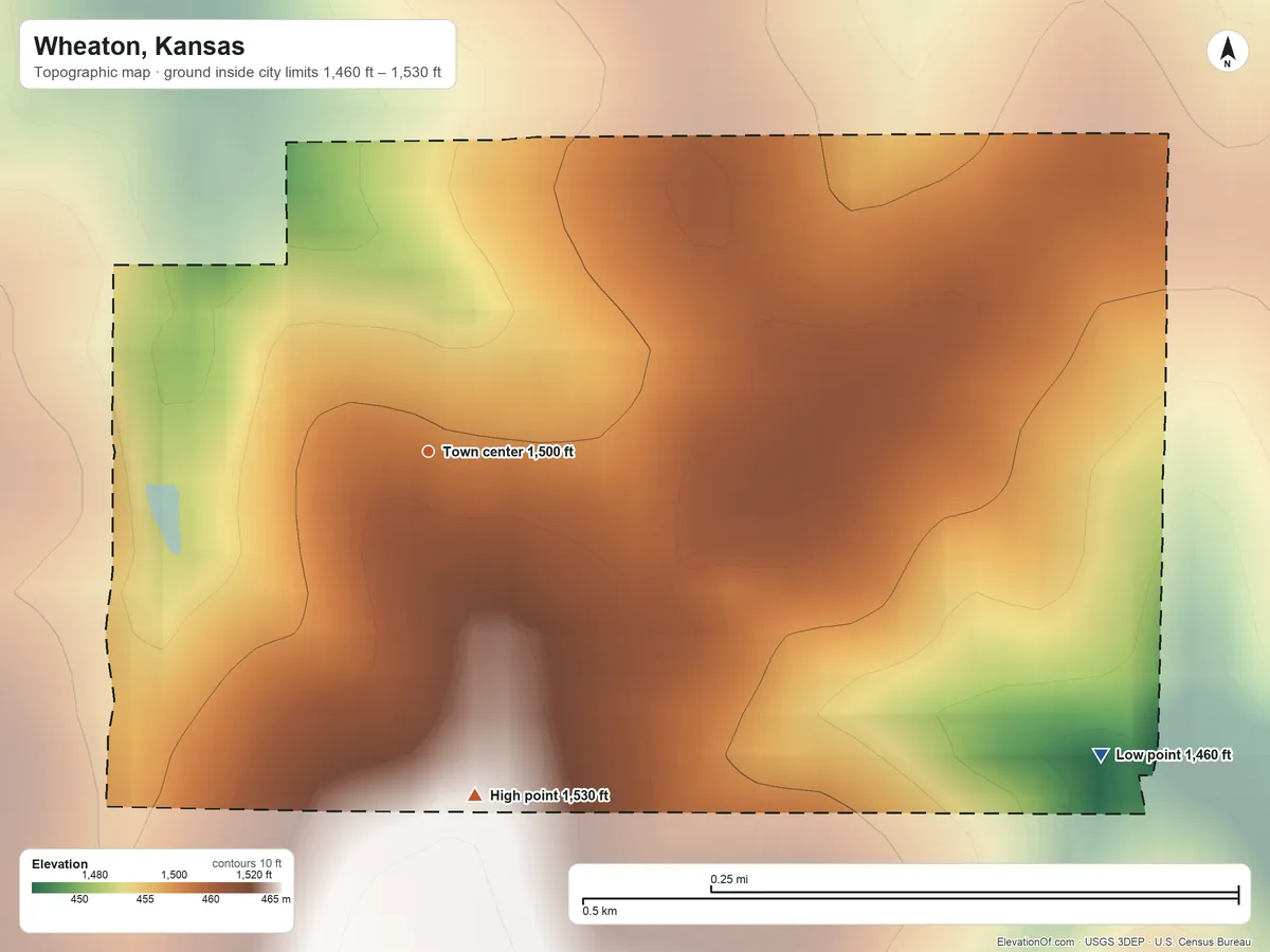 Topographic elevation map of Wheaton, Kansas, shaded from 1,460 ft on the southeast side to 1,530 ft on the south side