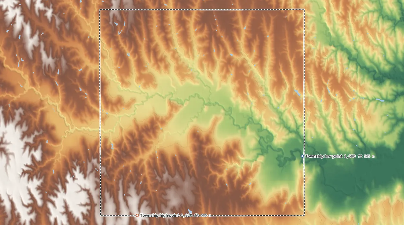 Topographic elevation map of White Mound Township, Kansas, shaded from 1,690 ft on the southeast side to 1,920 ft on the southwest side