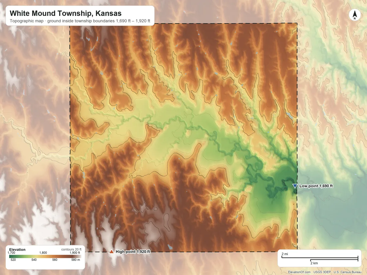 Topographic elevation map of White Mound Township, Kansas, shaded from 1,690 ft on the southeast side to 1,920 ft on the southwest side