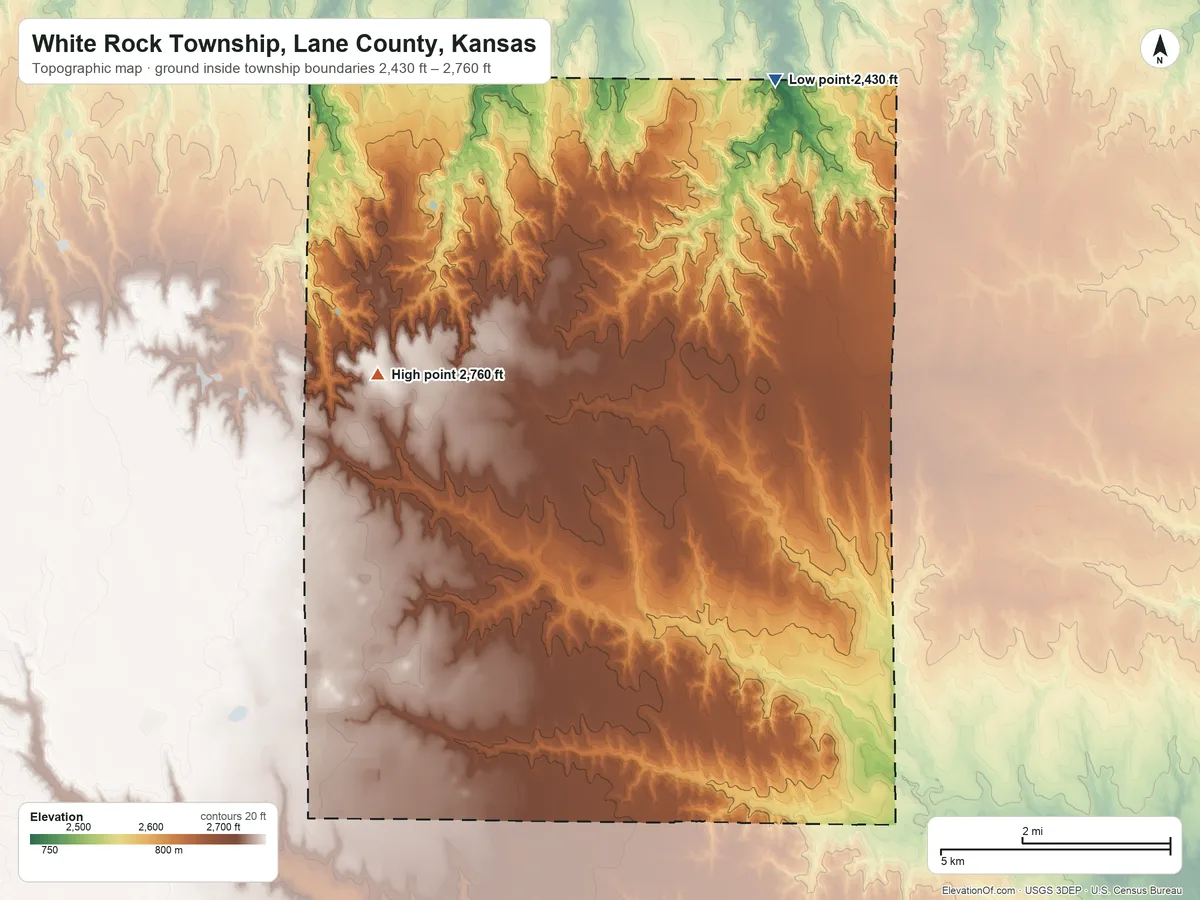 Topographic elevation map of White Rock Township, Lane County, Kansas, shaded from 2,430 ft on the north side to 2,760 ft on the west side