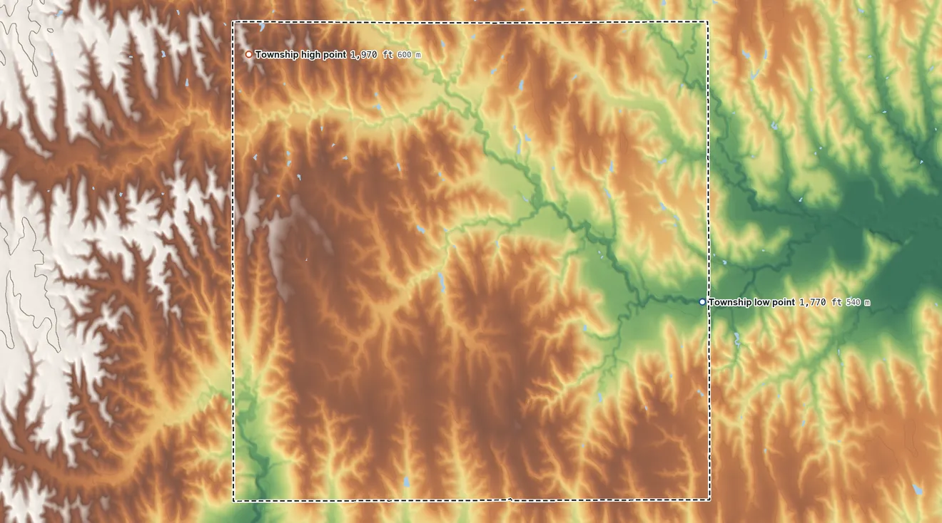 Topographic elevation map of White Rock Township, Smith County, Kansas, shaded from 1,770 ft on the northeast side to 1,970 ft on the northwest side