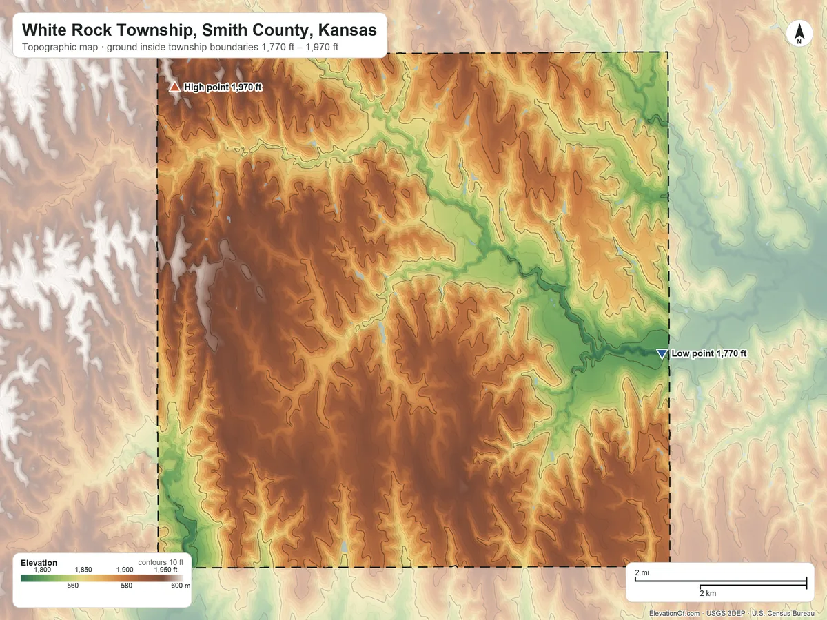Topographic elevation map of White Rock Township, Smith County, Kansas, shaded from 1,770 ft on the northeast side to 1,970 ft on the northwest side