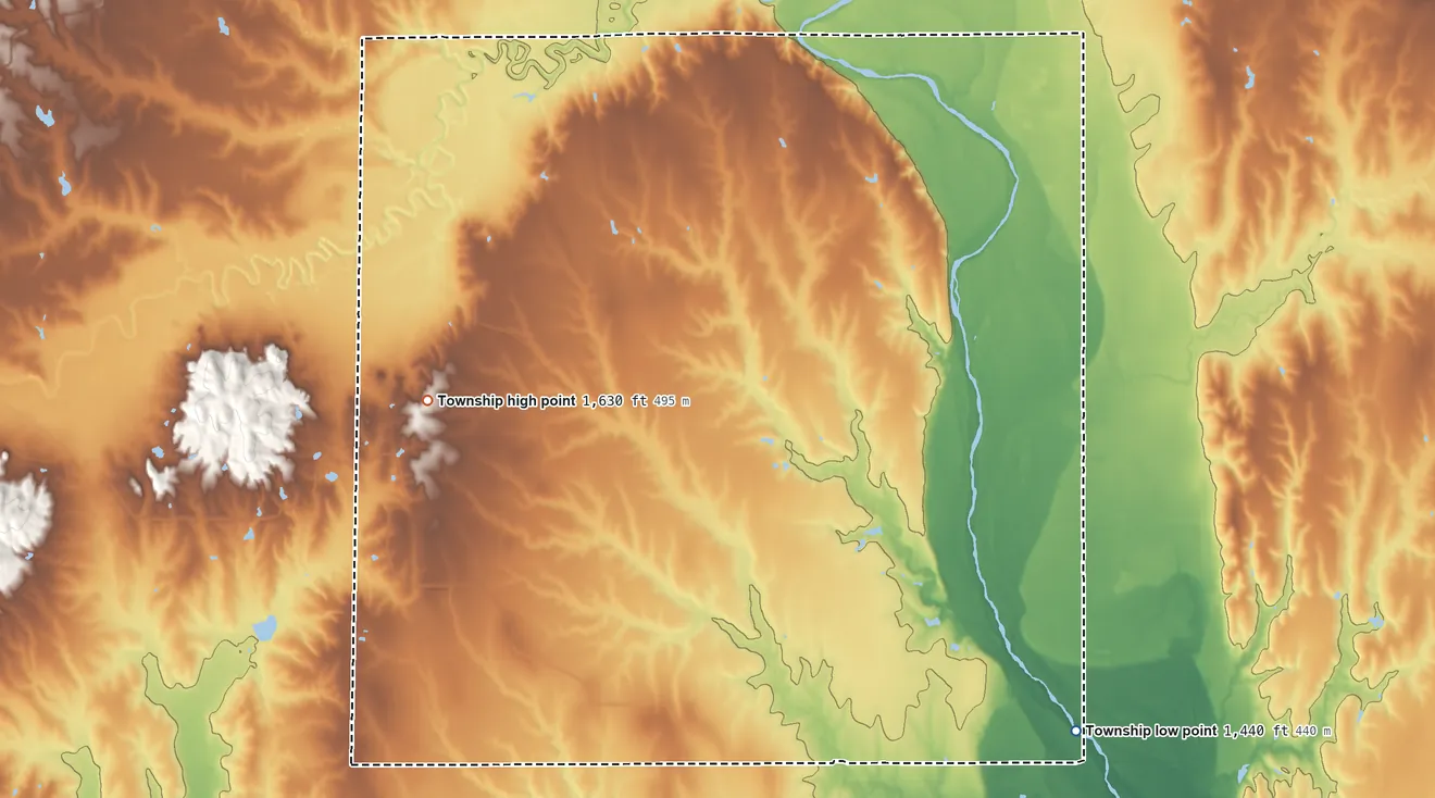 Topographic elevation map of White Rock Township, Kansas, shaded from 1,440 ft on the southeast side to 1,630 ft on the west side
