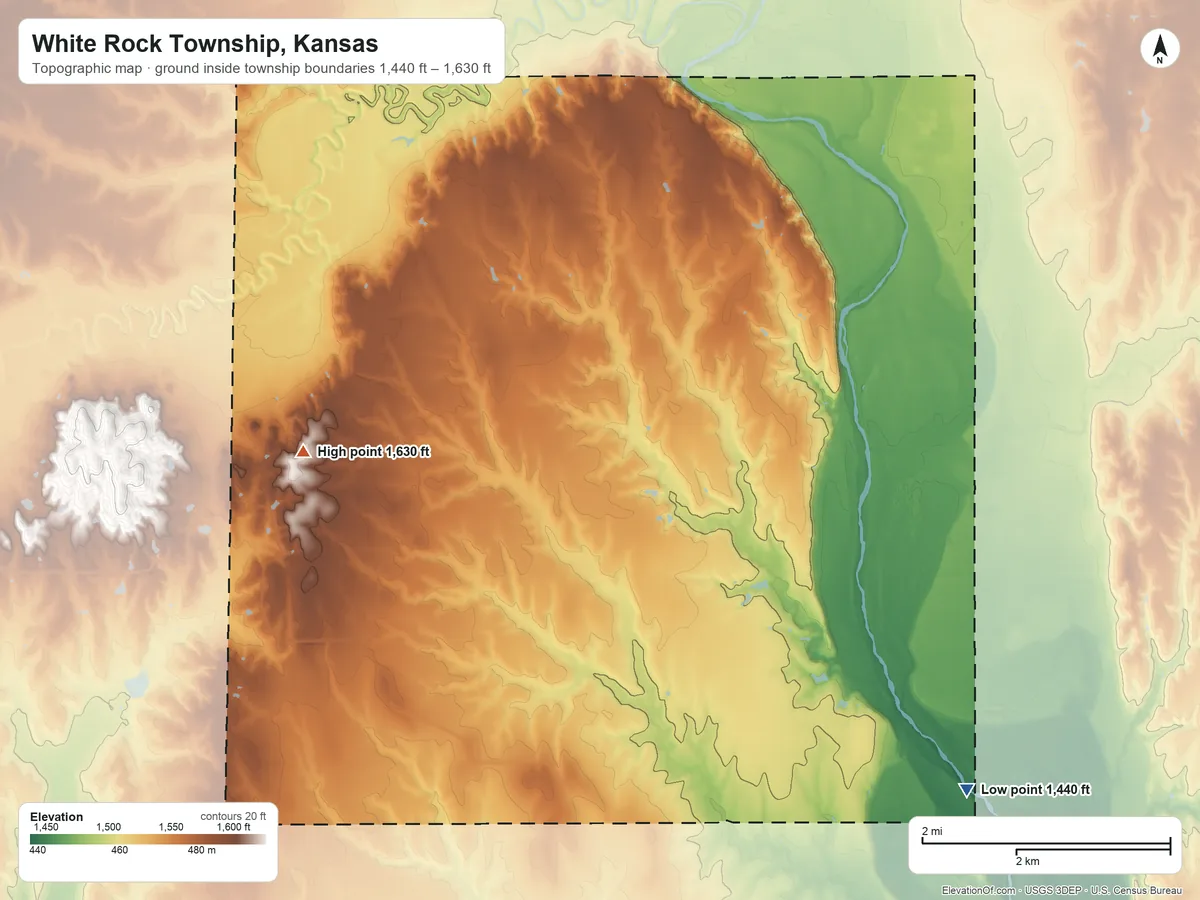 Topographic elevation map of White Rock Township, Kansas, shaded from 1,440 ft on the southeast side to 1,630 ft on the west side