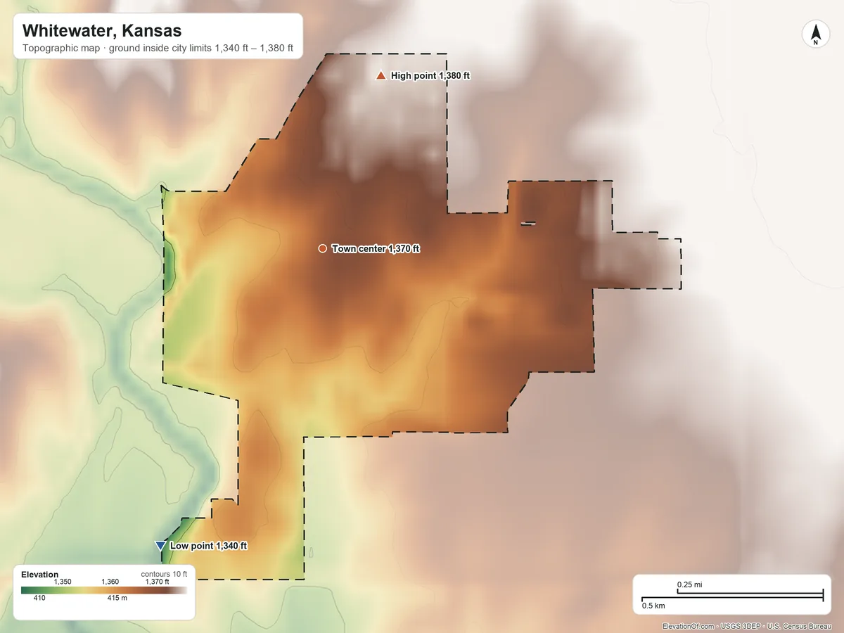 Topographic elevation map of Whitewater, Kansas, shaded from 1,340 ft on the southwest side to 1,380 ft on the north side