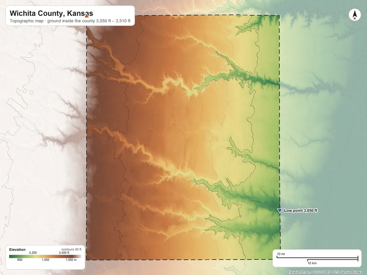 Topographic elevation map of Wichita County, Kansas, shaded from 3,050 ft on the southeast side to 3,510 ft on the northwest side