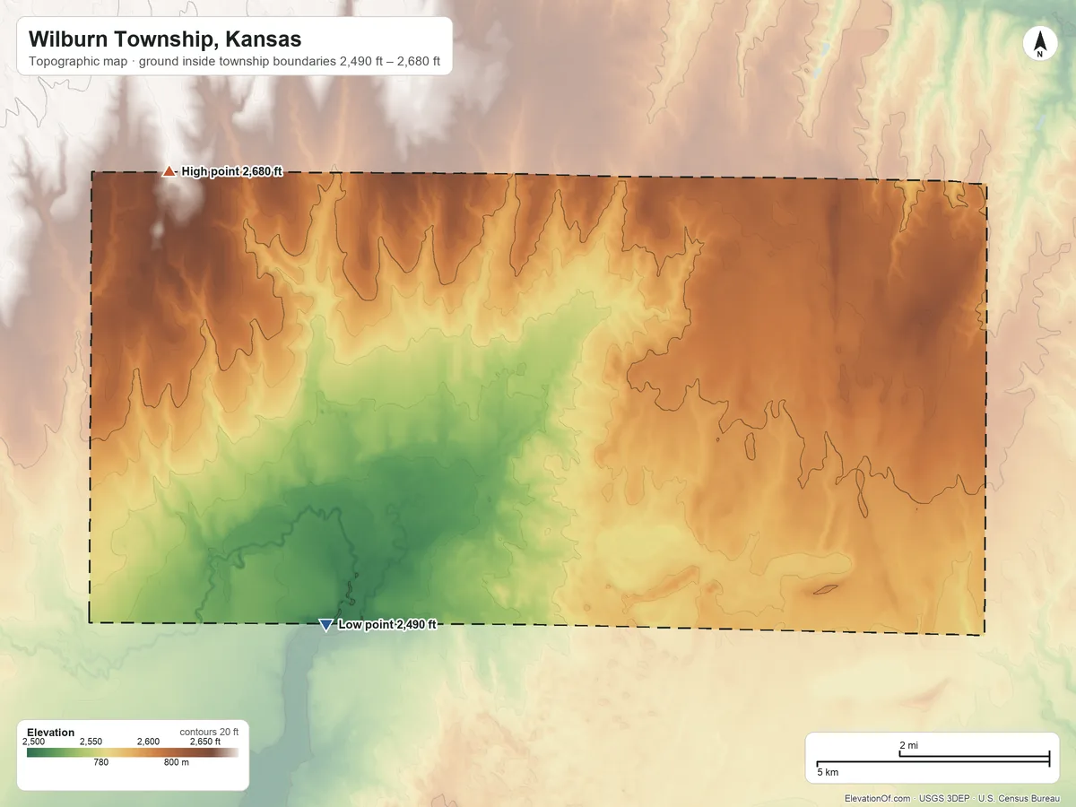 Topographic elevation map of Wilburn Township, Kansas, shaded from 2,490 ft on the southwest side to 2,680 ft on the northwest side