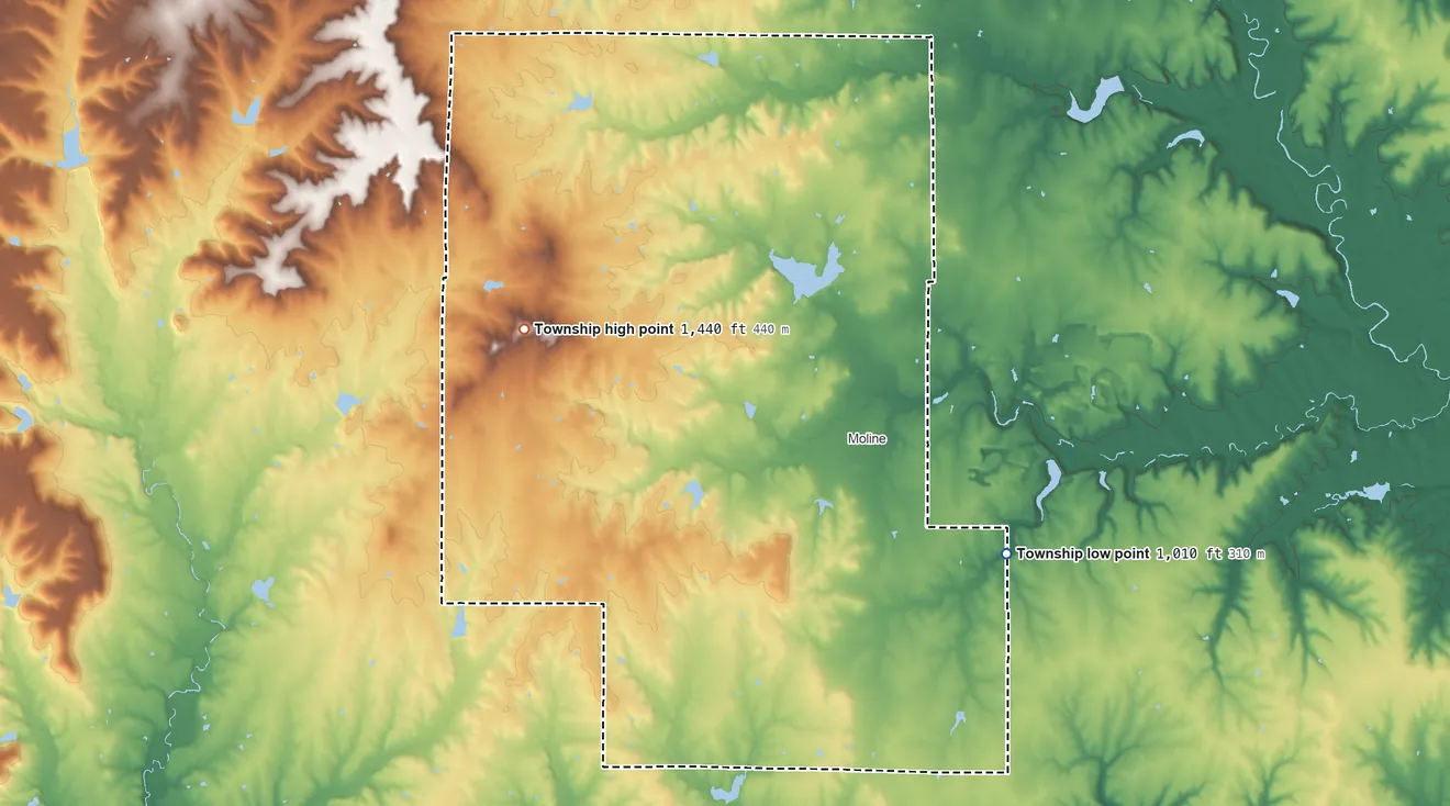 Topographic elevation map of Wildcat Township, Elk County, Kansas, shaded from 1,010 ft on the southeast side to 1,440 ft on the west side