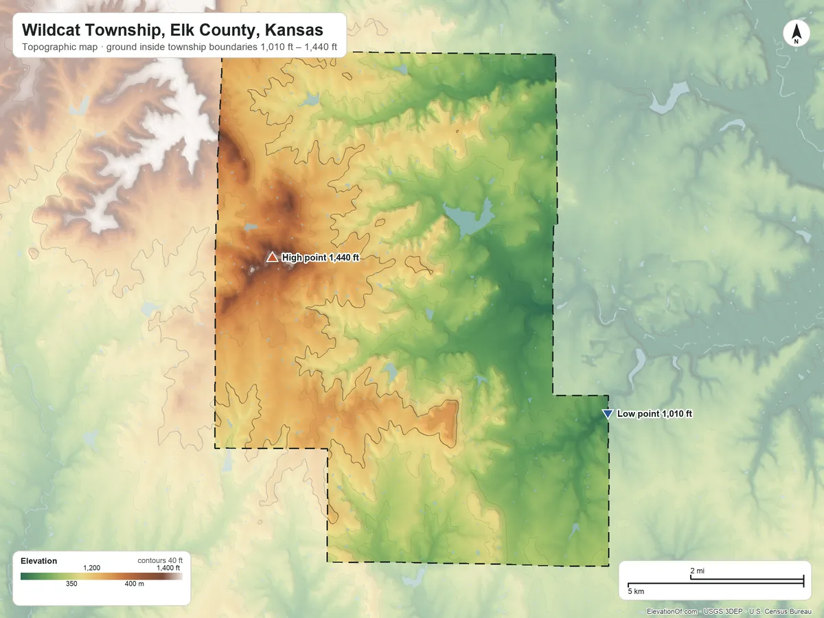 Topographic elevation map of Wildcat Township, Elk County, Kansas, shaded from 1,010 ft on the southeast side to 1,440 ft on the west side