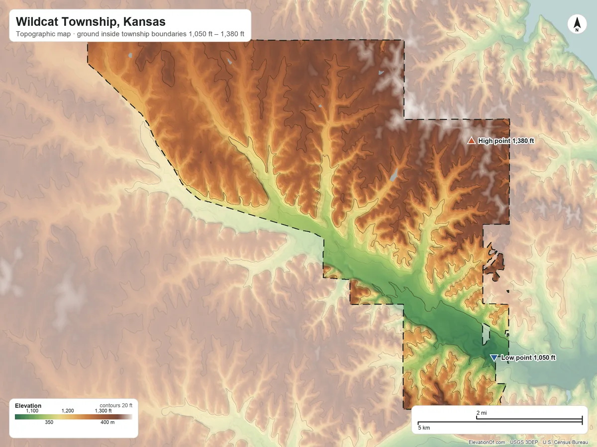 Topographic elevation map of Wildcat Township, Kansas, shaded from 1,050 ft on the southeast side to 1,380 ft on the east side