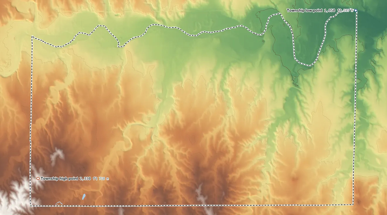 Topographic elevation map of Wildhorse Township, Kansas, shaded from 1,950 ft on the east side to 2,330 ft on the southwest side