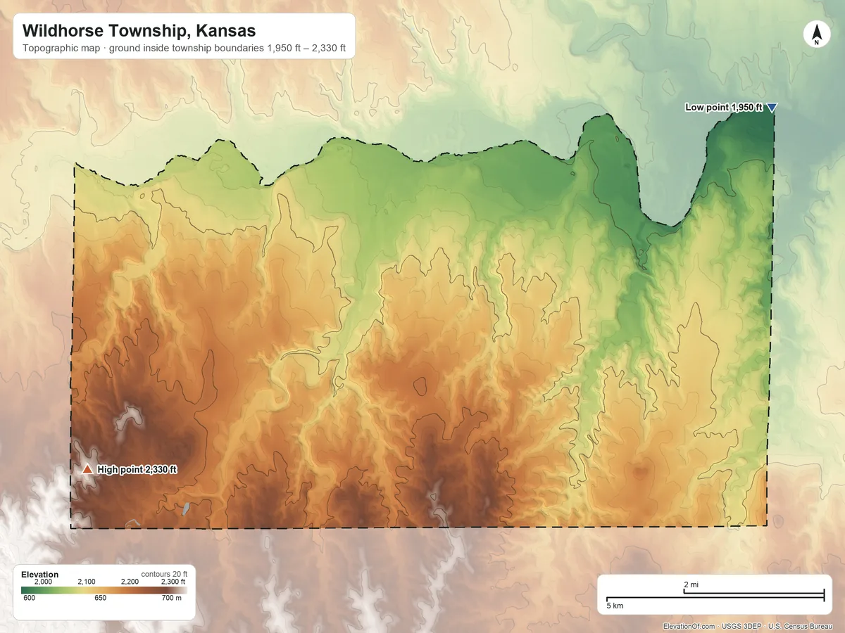 Topographic elevation map of Wildhorse Township, Kansas, shaded from 1,950 ft on the east side to 2,330 ft on the southwest side