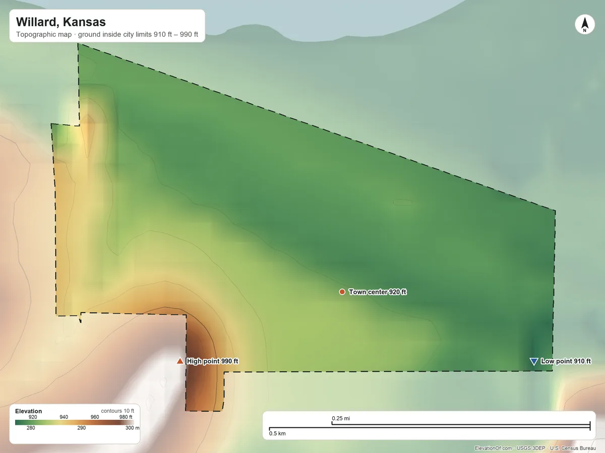 Topographic elevation map of Willard, Kansas, shaded from 910 ft on the east side to 990 ft on the southwest side