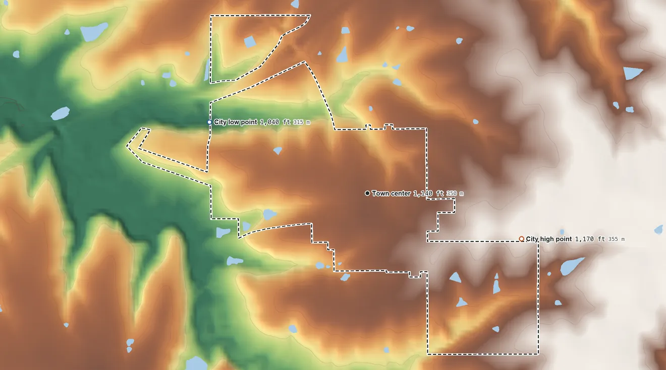 Topographic elevation map of Williamsburg, Kansas, shaded from 1,040 ft on the northwest side to 1,170 ft on the east side