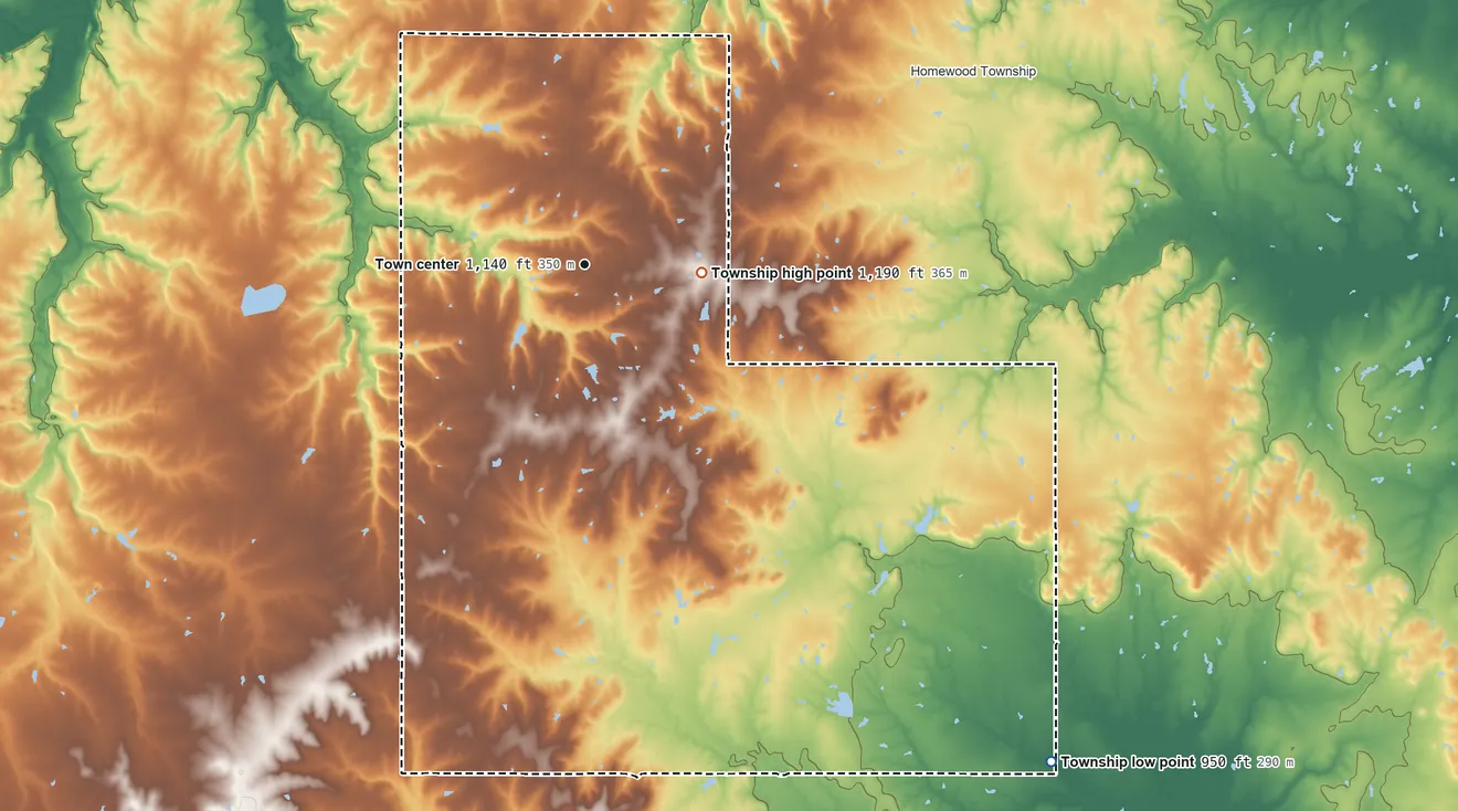 Topographic elevation map of Williamsburg Township, Kansas, shaded from 950 ft on the southeast side to 1,190 ft on the east side