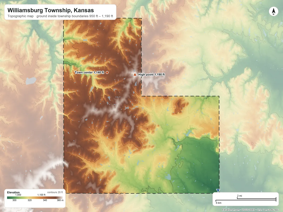 Topographic elevation map of Williamsburg Township, Kansas, shaded from 950 ft on the southeast side to 1,190 ft on the east side