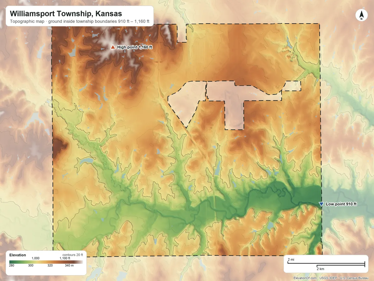 Topographic elevation map of Williamsport Township, Kansas, shaded from 910 ft on the southeast side to 1,160 ft on the northwest side