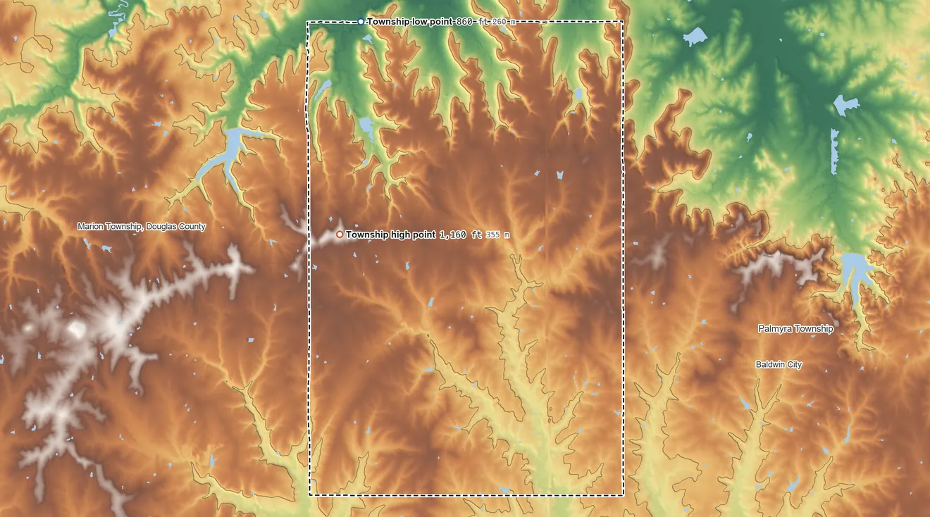 Topographic elevation map of Willow Springs Township, Kansas, shaded from 860 ft on the northwest side to 1,160 ft on the west side