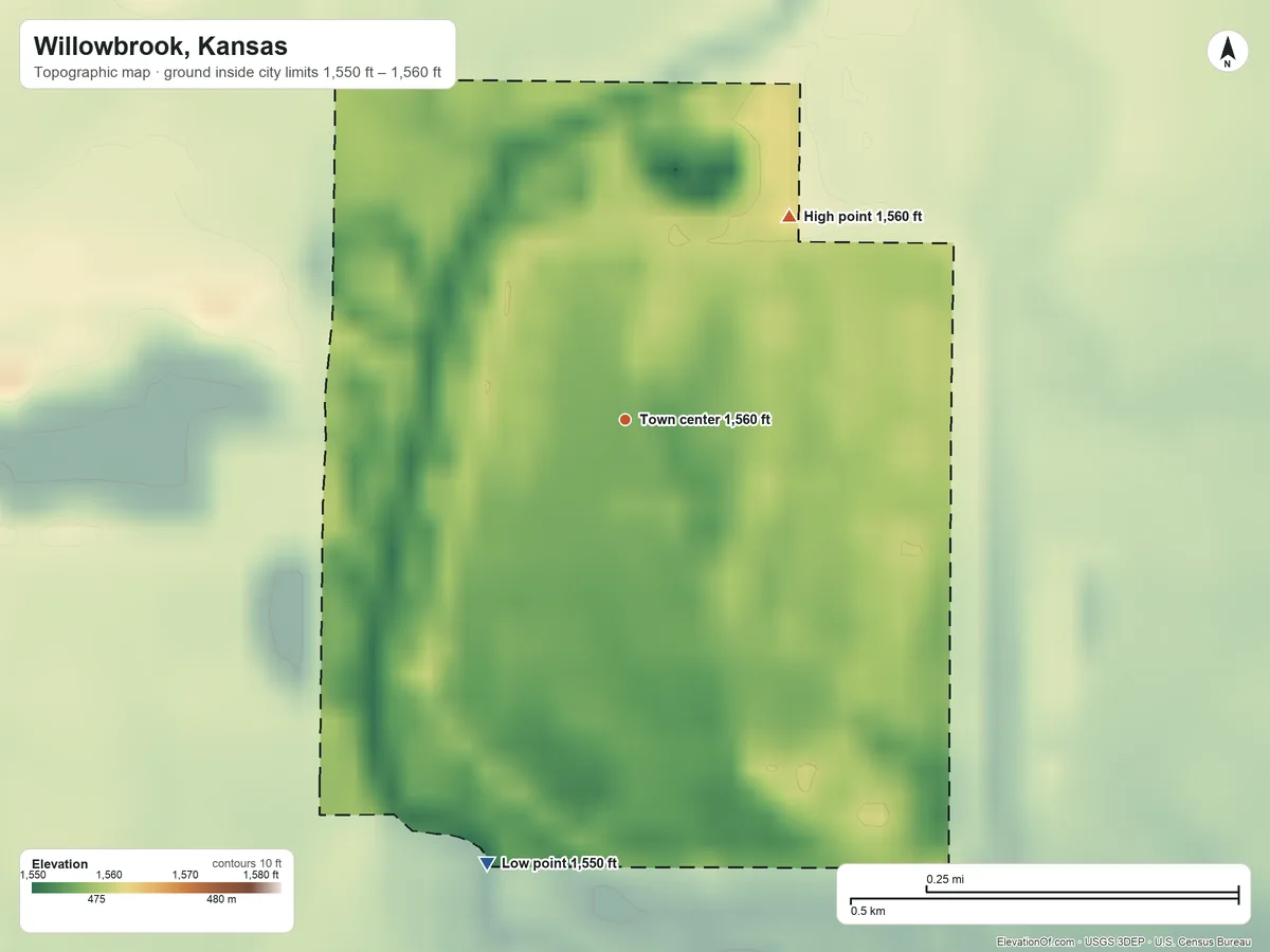 Topographic elevation map of Willowbrook, Kansas, shaded from 1,550 ft on the south side to 1,560 ft on the northeast side