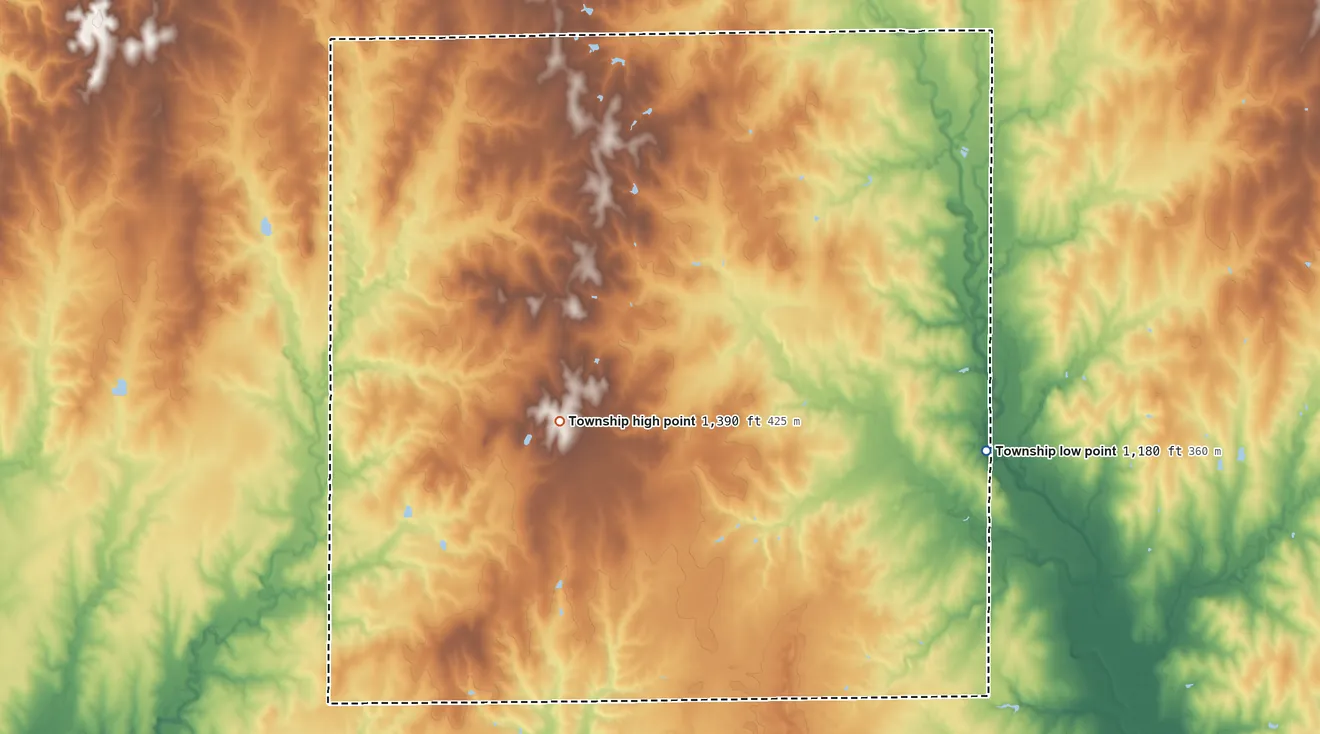 Topographic elevation map of Willowdale Township, Kansas, shaded from 1,180 ft on the east side to 1,390 ft on the west side