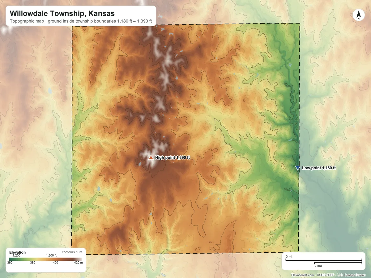 Topographic elevation map of Willowdale Township, Kansas, shaded from 1,180 ft on the east side to 1,390 ft on the west side