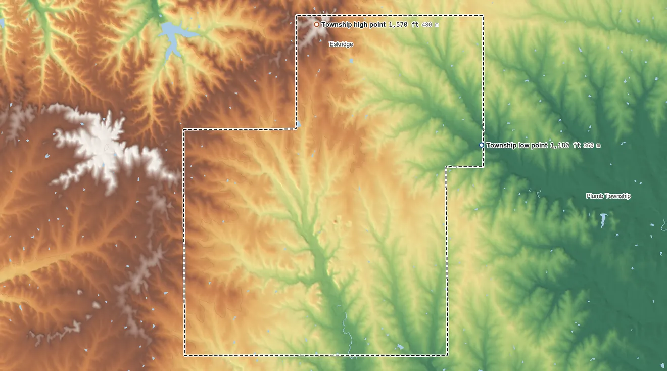Topographic elevation map of Wilmington Township, Kansas, shaded from 1,180 ft on the southeast side to 1,570 ft on the northwest side