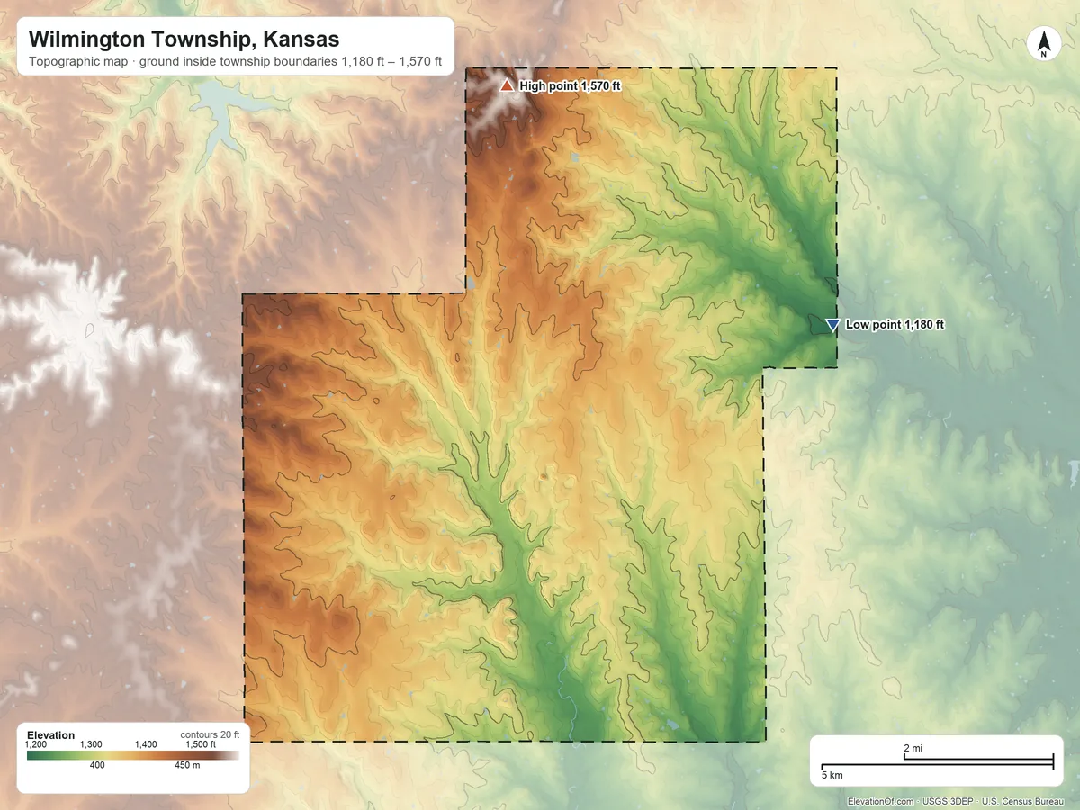 Topographic elevation map of Wilmington Township, Kansas, shaded from 1,180 ft on the southeast side to 1,570 ft on the northwest side