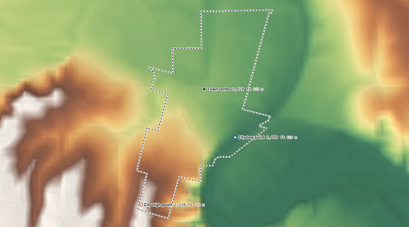 Topographic elevation map of Wilmore, Kansas, shaded from 2,000 ft on the southeast side to 2,110 ft on the southwest side