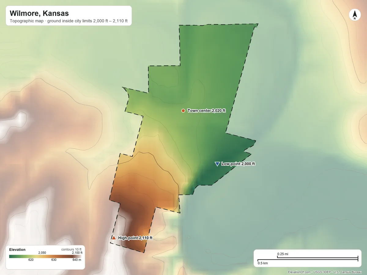 Topographic elevation map of Wilmore, Kansas, shaded from 2,000 ft on the southeast side to 2,110 ft on the southwest side