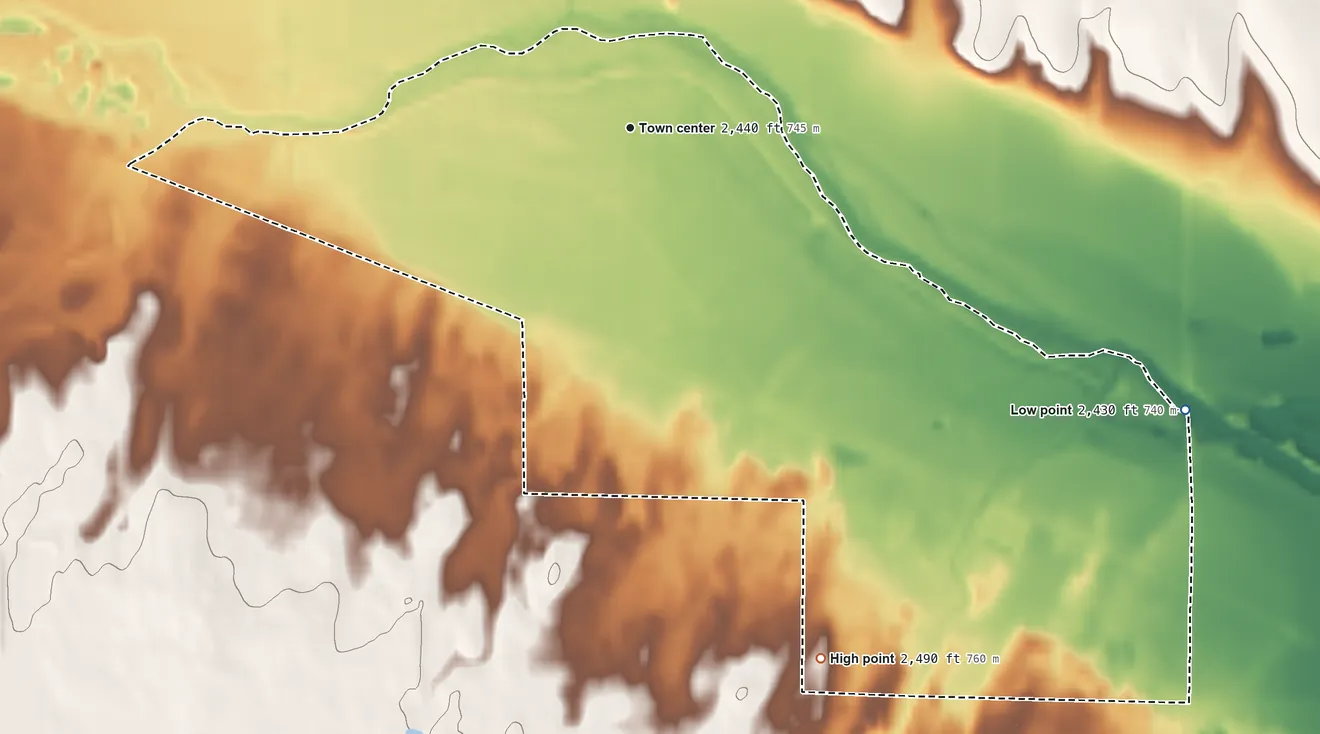 Topographic elevation map of Wilroads Gardens, Kansas, shaded from 2,430 ft on the southeast side to 2,490 ft on the south side