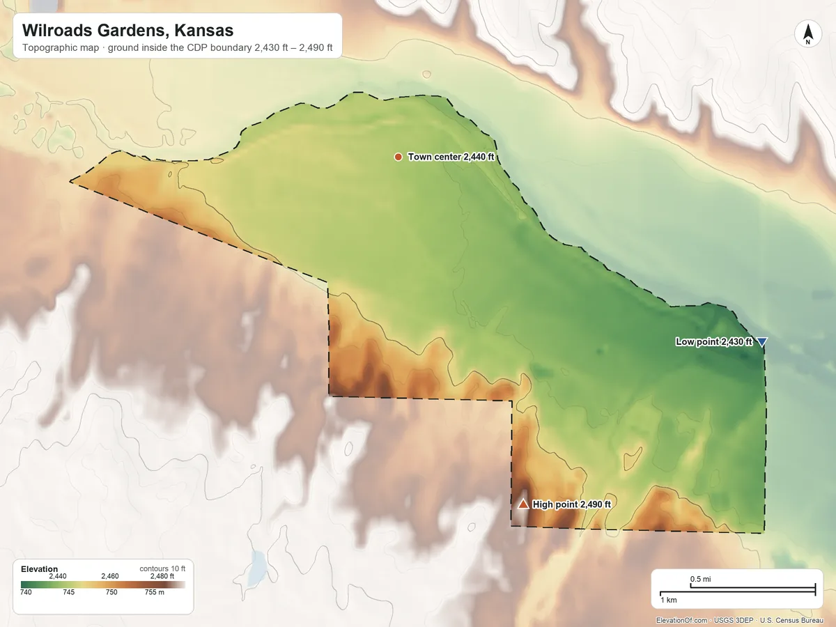 Topographic elevation map of Wilroads Gardens, Kansas, shaded from 2,430 ft on the southeast side to 2,490 ft on the south side