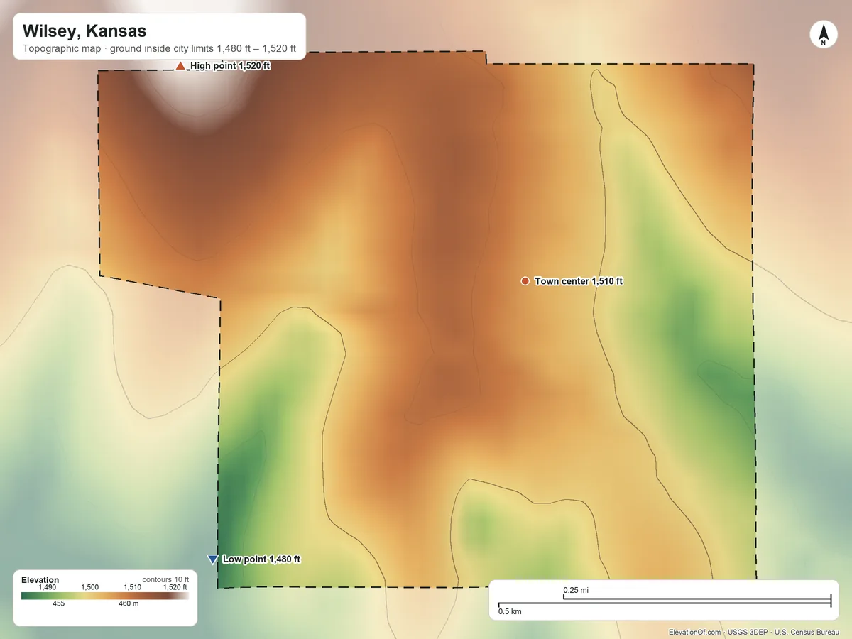 Topographic elevation map of Wilsey, Kansas, shaded from 1,480 ft on the southwest side to 1,520 ft on the northwest side