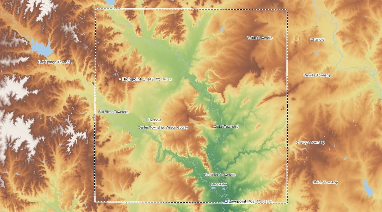 Topographic elevation map of Wilson County, Kansas, shaded from 760 ft on the south side to 1,140 ft on the west side