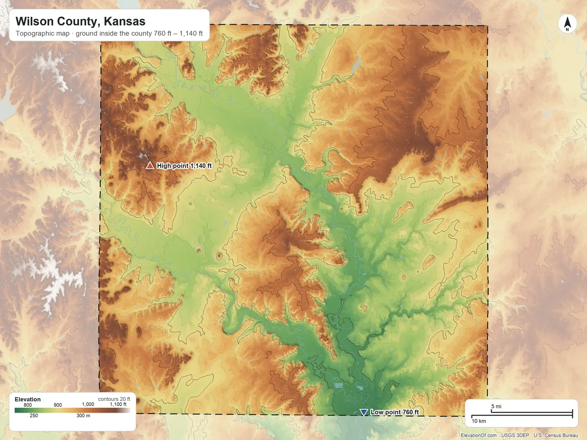 Topographic elevation map of Wilson County, Kansas, shaded from 760 ft on the south side to 1,140 ft on the west side