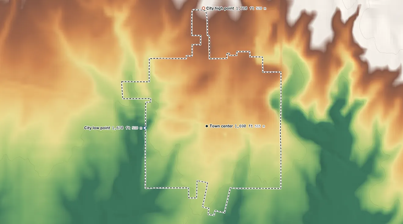 Topographic elevation map of Wilson, Kansas, shaded from 1,670 ft on the west side to 1,710 ft on the north side