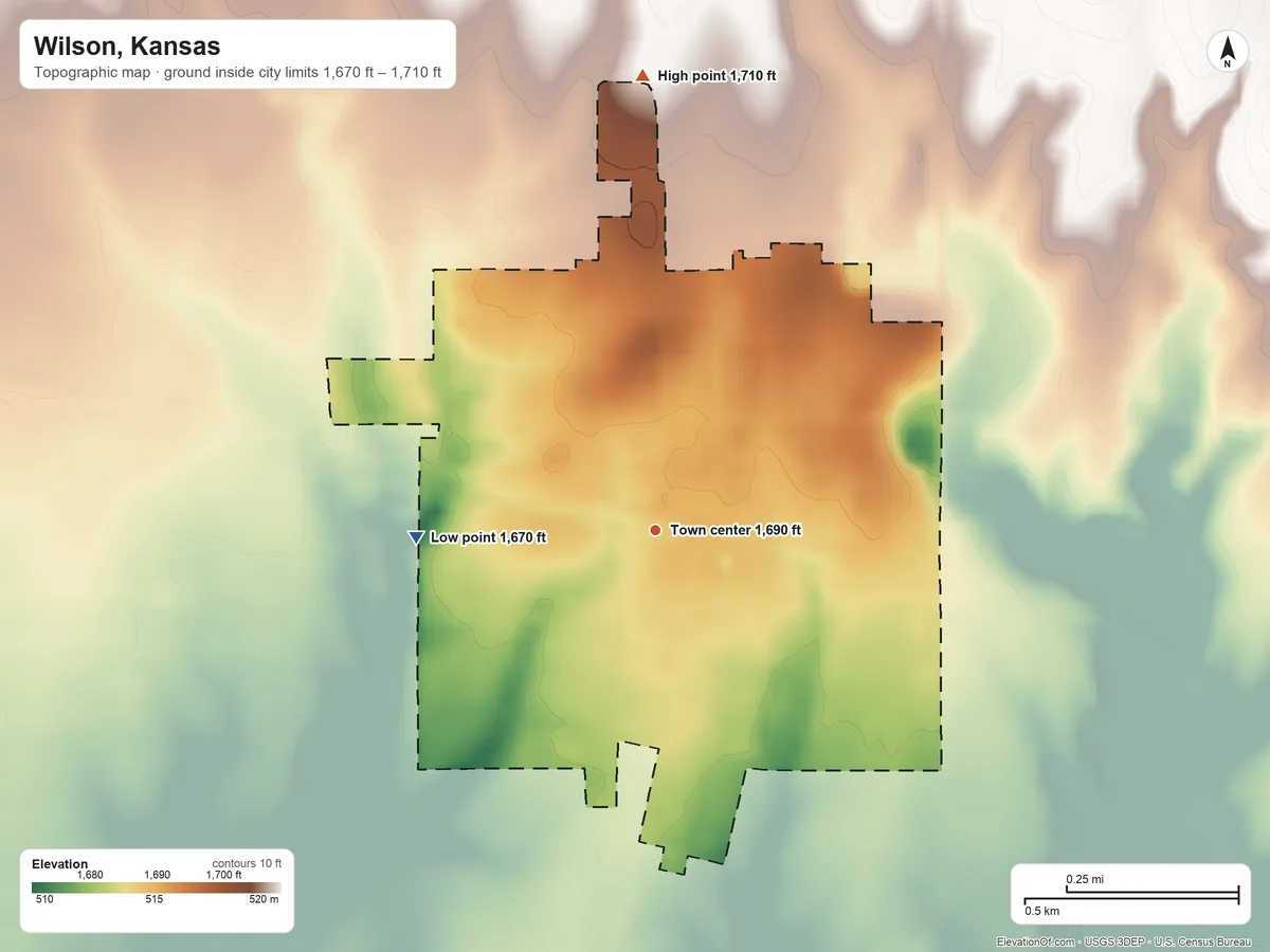 Topographic elevation map of Wilson, Kansas, shaded from 1,670 ft on the west side to 1,710 ft on the north side