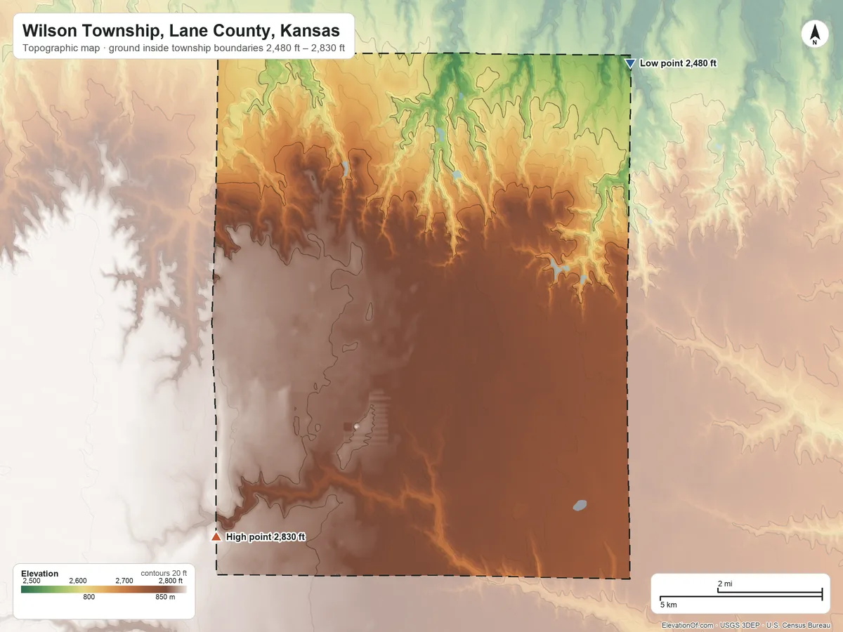 Topographic elevation map of Wilson Township, Lane County, Kansas, shaded from 2,480 ft on the northeast side to 2,830 ft on the southwest side