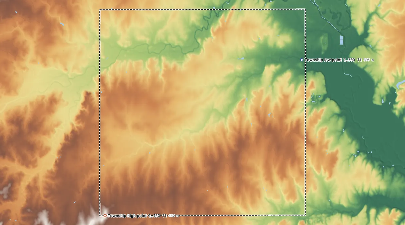 Topographic elevation map of Wilson Township, Marion County, Kansas, shaded from 1,300 ft on the northeast side to 1,450 ft on the southwest side
