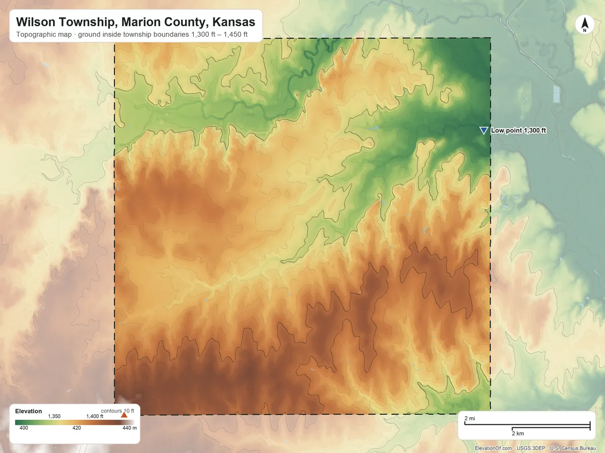 Topographic elevation map of Wilson Township, Marion County, Kansas, shaded from 1,300 ft on the northeast side to 1,450 ft on the southwest side